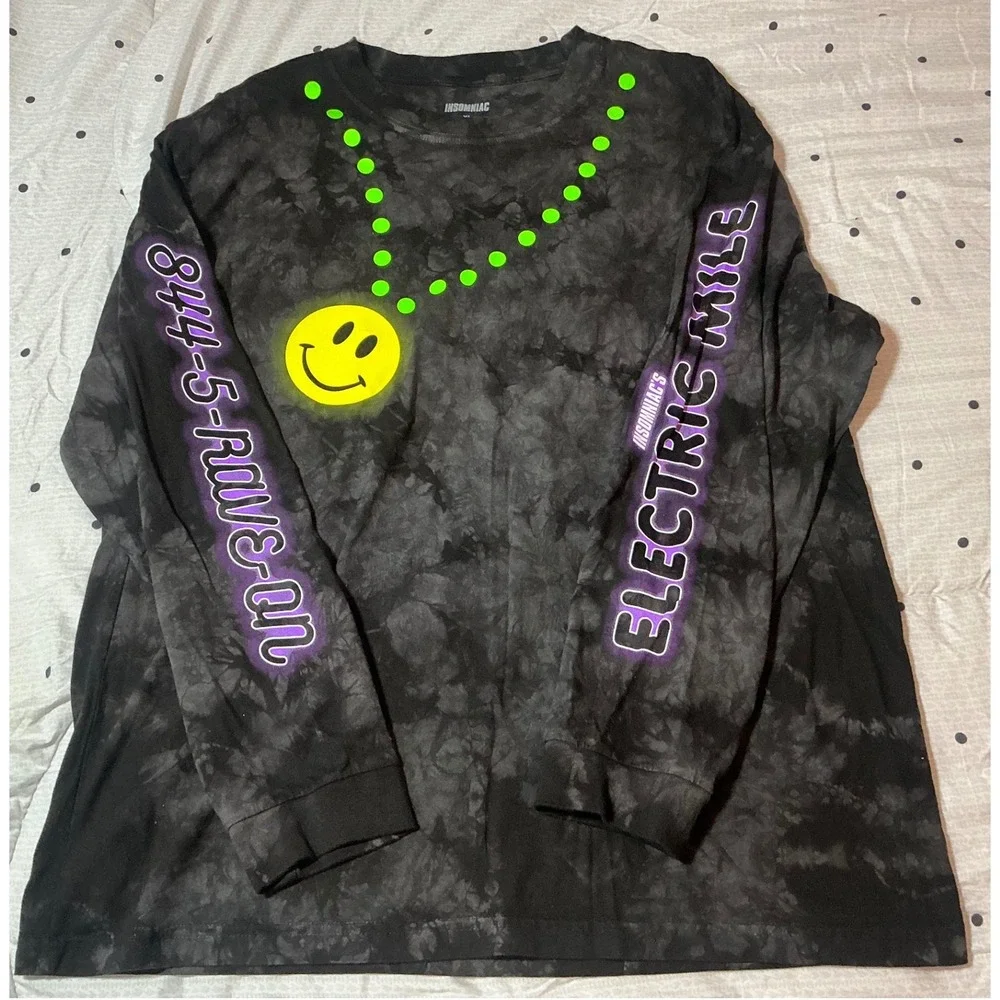 Insomniac Electric Mile Tie Dye Long Sleeve Shirt Mens XL Rave Smiley Face Black